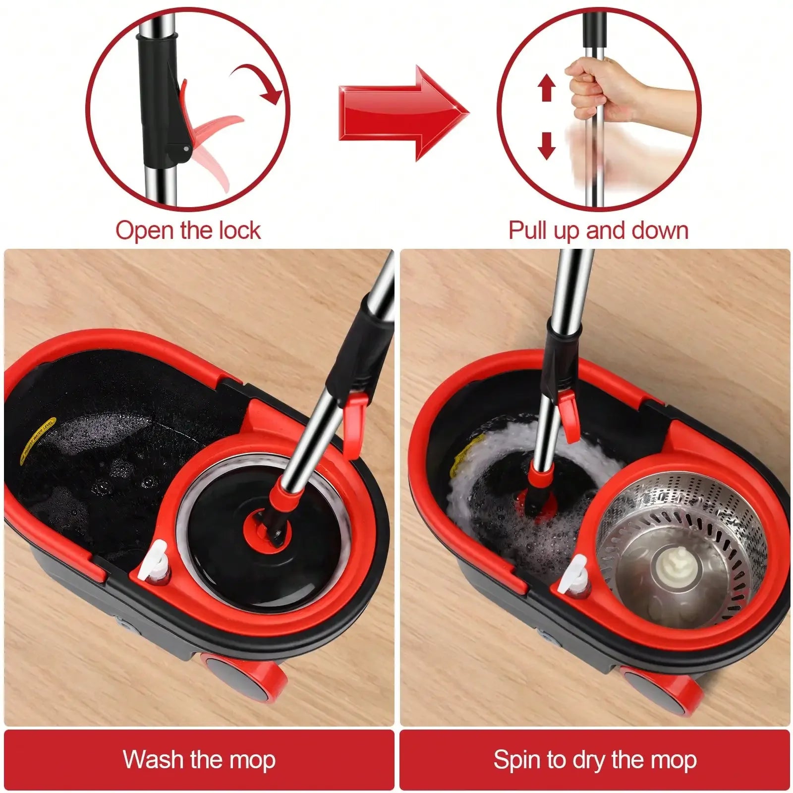 Conjunto de balde e esfregão giratório reforçado com espremedor, 3 esfregões de microfibra e cabo ajustável para limpeza de pisos domésticos.