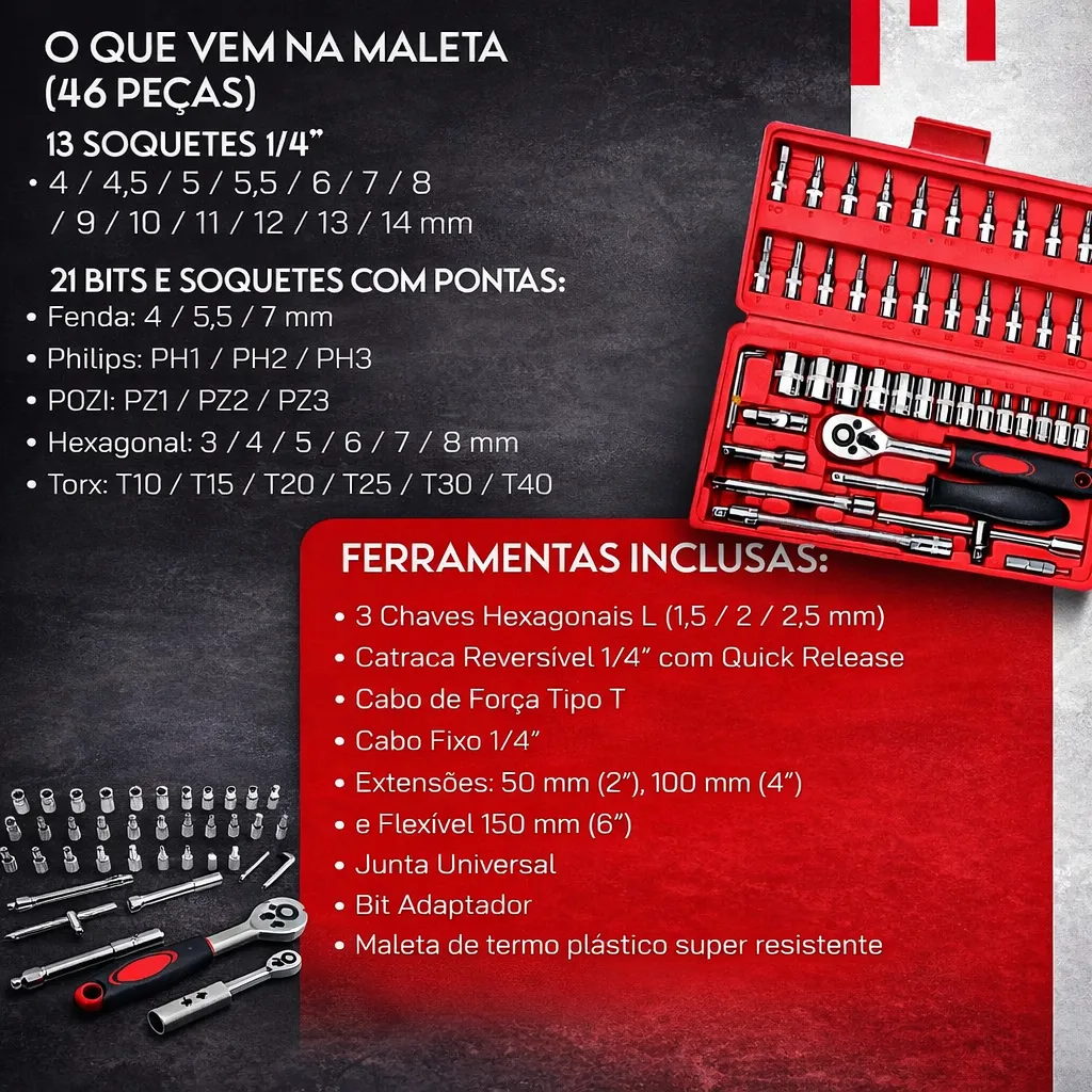 Kit de Ferramentas 46 Peças Profissional – Compacto e Completo para Casa e Carro
